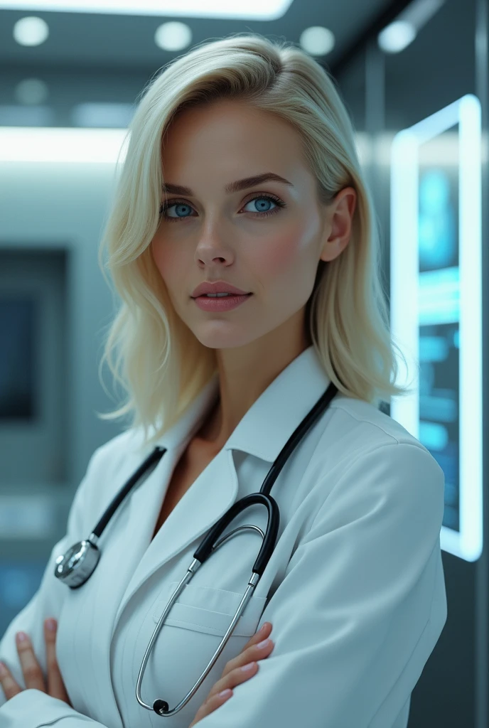 A 50-year-old female doctor with blue eyes and blonde hair in the future