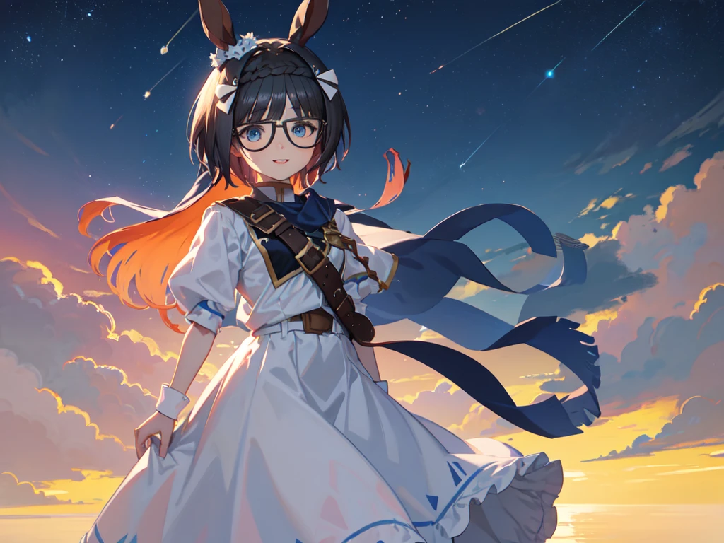 solo、Alone、1people。masterpiece, 超High resolution, Highest quality, High resolution, 8k、(noline:1.5)、(flat2-DIM1:1.5)、Shooting from above、Upper Body Shot。Girl with horse ears、beautiful girl、Wear black glasses。Big Breasts、Pale pink lips、smile。White blouse、Blue Skirt、A large blue ribbon on the chest。The body is tilted diagonally to the side、Place your hand on your chest。Wind、Starry Sky、cliff