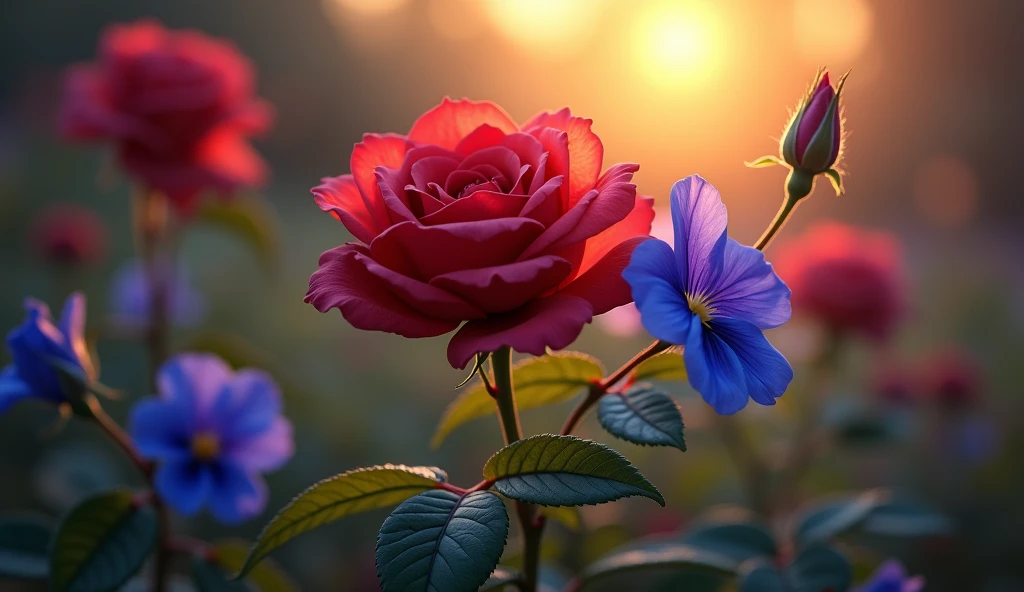 Realistic depiction of a garden at dusk, with a focus on a bright red rose and a blue violet. As the light fades, the rose appears darker, almost brownish-red, while the violet becomes more vivid against the shadowy background, demonstrating the Purkinje effect.
