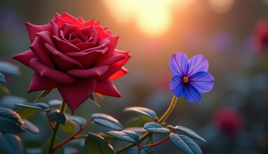 Realistic depiction of a garden at dusk, with a focus on a bright red rose and a blue violet. As the light fades, the rose appears darker, almost brownish-red, while the violet becomes more vivid against the shadowy background, demonstrating the Purkinje effect.
