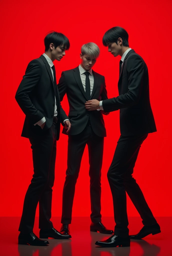 Trio of suit and tie,dynamic pose,nervous expression, with red background,death note style