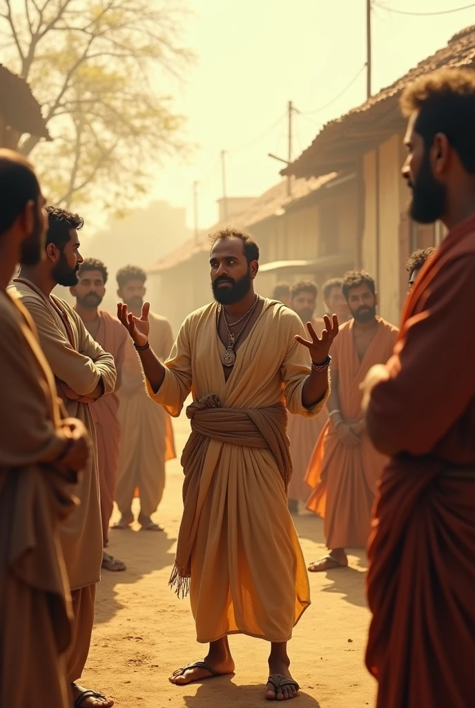 Ravi standing in the middle of the village square under a bright morning sun, passionately recounting his terrifying experience to a group of villagers. The villagers, dressed in traditional clothing, have skeptical expressions, with some crossing their arms or shaking their heads in disbelief. Ravi looks frustrated yet determined.

Size: 1024x1024