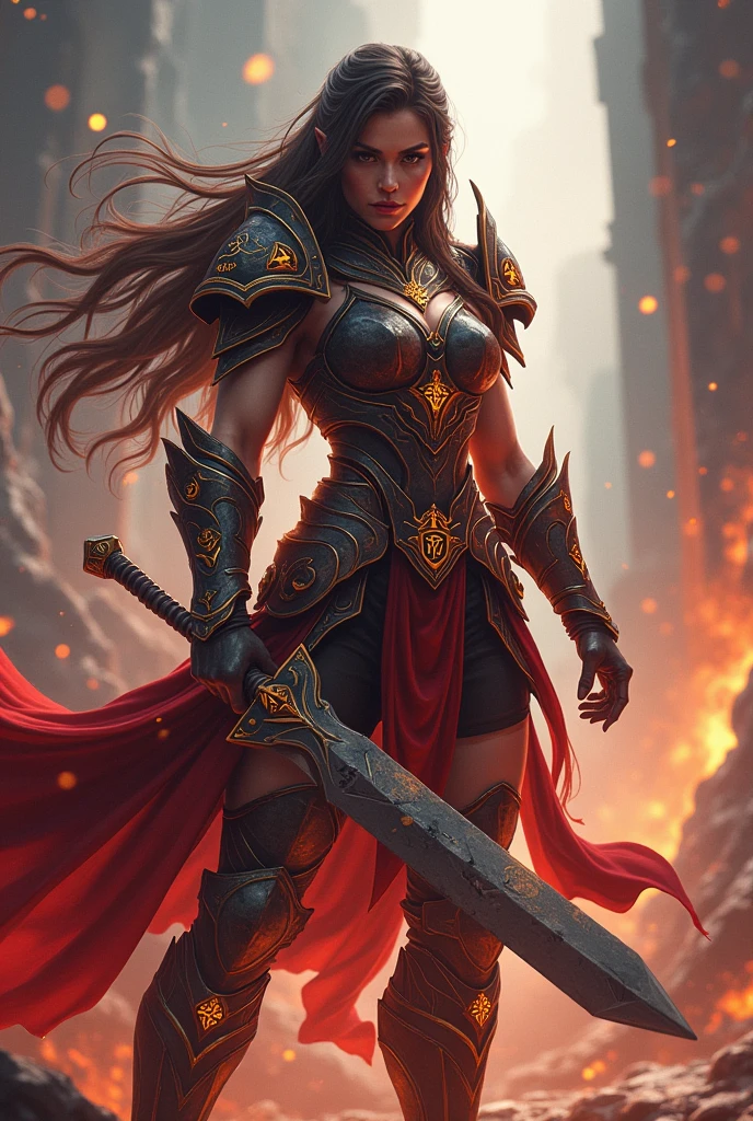 A powerful, big body strong muscular:1.5 female warrior in a dynamic battle pose, long flowing hair, fierce expression, intricate armor with glowing runes, dramatic lighting, cinematic camera angle, epic fantasy, vibrant colors, dramatic lighting, digital art, concept art style