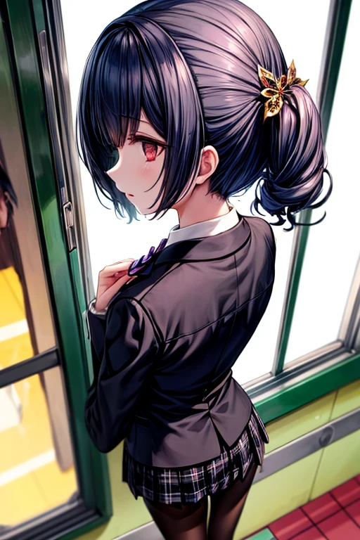 masterpiece, Highest quality, High resolution, ((train))、RinzeSchool, black pantyhose、cute、hair ornaments、Modest chest、Attractive lips、Standing with their back turned、Only the face turns around、Troubled expression、window、door、(from above:1.5)