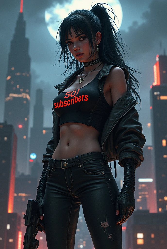 Digital artwork, concept art, a cyberpunk girl with 500 subscribers text on her chest, standing on rooftop with a dark dystopian city in the background, dynamic pose, fierce, comics style, extremely intricate, extremely detailed, ominous lighting, dramatic lighting, dark stormy night, shot with Hasselblad, long exposure