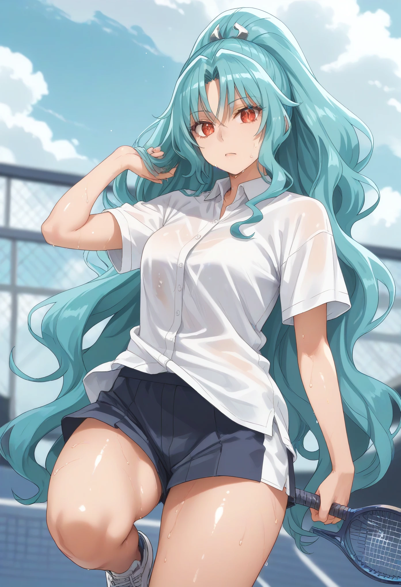 long hair aqua hair ponytail red eyes,slit pupils,1girl, solo, white polo shirt, white sneakers, tennis wear, white miniskirt, masterpiece, best quality, realistic, hyper-detailed, (shiny skin, sweaty:1.2), absurd, looking at viewer,  slender, dynamic lighting, high resolution, sharp focus, depth of field, detailed eyes, sharp pupils, realistic pupils, , (thick thighs:1.0), outdoor, sky