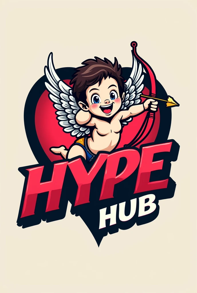 Create a logo for a streetwear Instagram brand with a cupid behind it and the name of the hype hub