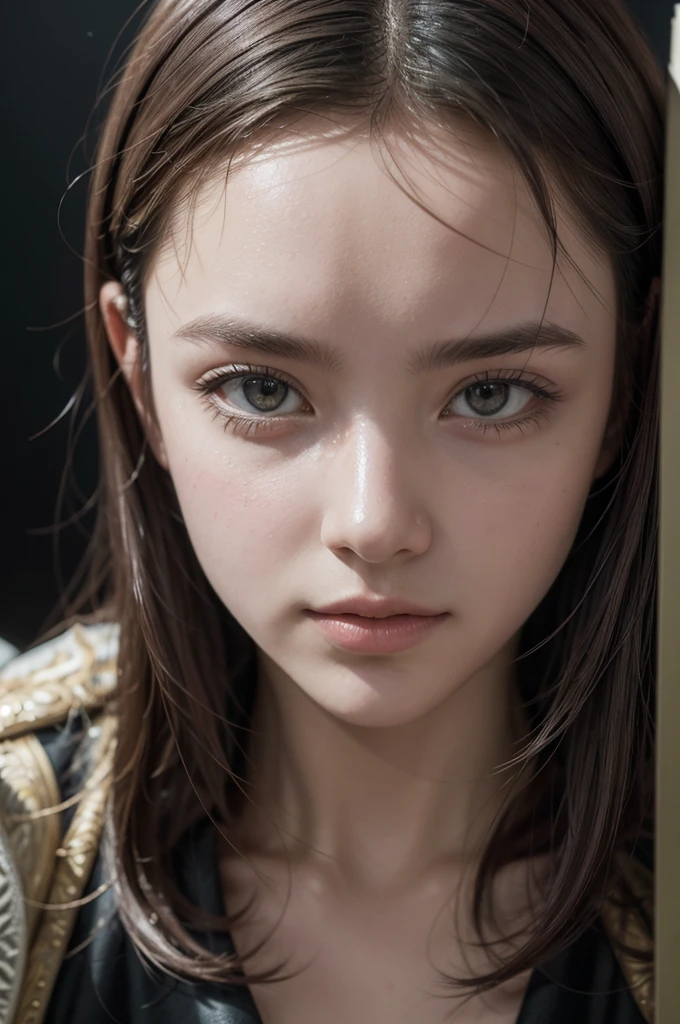 a young girl, big green eyes, round face, small nose, big lips, long purple hair, long eyelashes, pale skin, red cheeks, split chin, naughty face, 16k, 8k, highres, best quality, award winning, high quality, high details, super detail, textured skin, anatomically correct, masterpiece, accurate