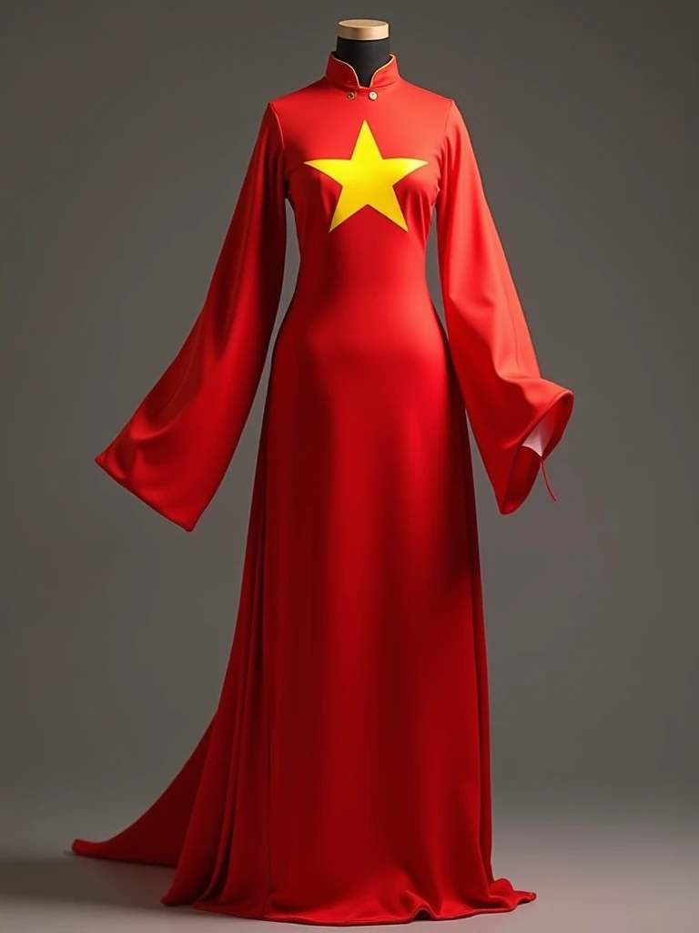 The Ao Dai is designed in the traditional Vietnamese style, hugging the body and honoring grace. The main color of the Ao Dai is bright red, like the color of the Vietnamese flag. On the chest of the Ao Dai is printed the Vietnamese flag with a five-pointed yellow star standing out on a red background. The sleeves and hem of the Ao Dai are graceful, creating a sense of flexibility when moving. The flag motif is delicately placed, expressing love for the homeland and country while maintaining the elegant beauty of the traditional costume.