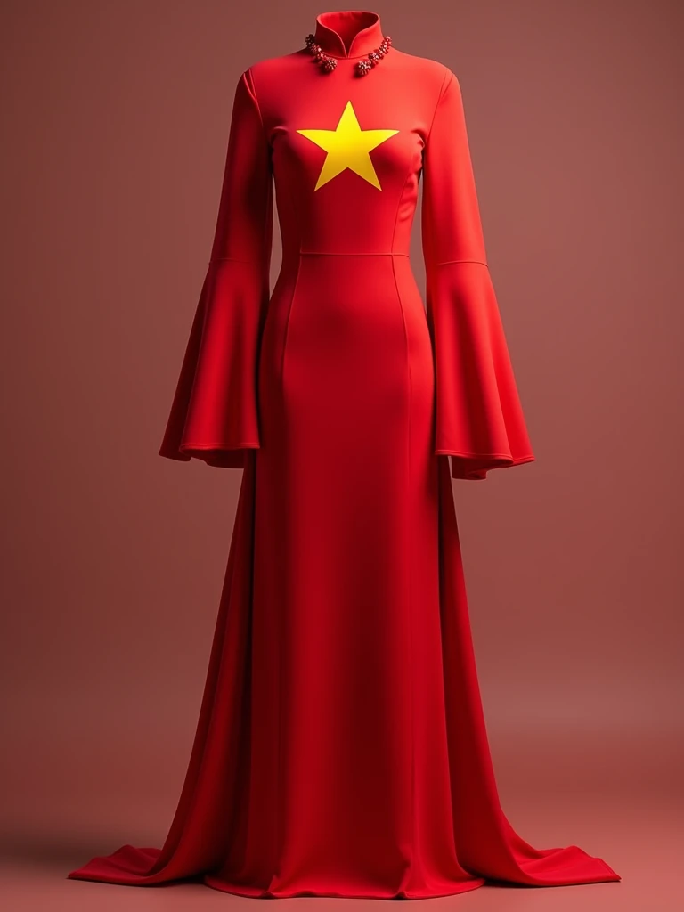 The Ao Dai is designed in the traditional Vietnamese style, hugging the body and honoring grace. The main color of the Ao Dai is bright red, like the color of the Vietnamese flag. On the chest of the Ao Dai is printed the Vietnamese flag with a five-pointed yellow star standing out on a red background. The sleeves and hem of the Ao Dai are graceful, creating a sense of flexibility when moving. The flag motif is delicately placed, expressing love for the homeland and country while maintaining the elegant beauty of the traditional costume.