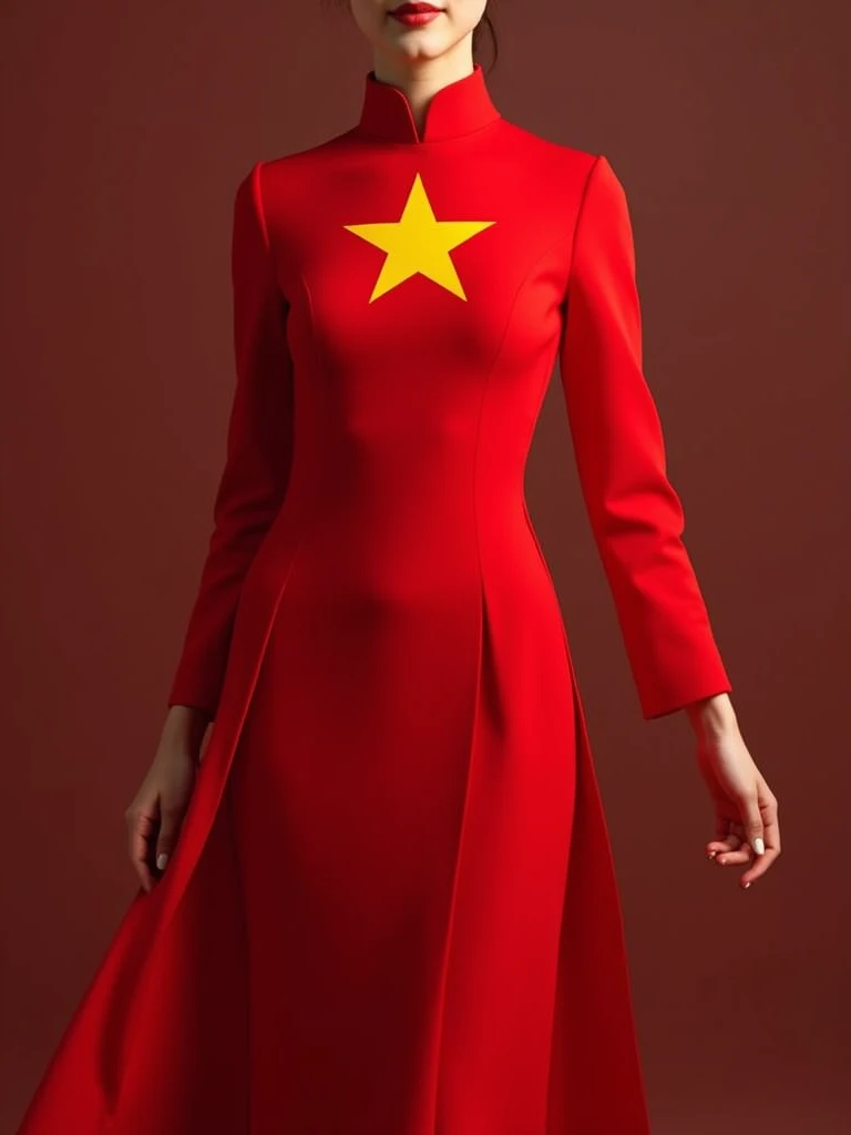 The Ao Dai is designed in the traditional Vietnamese style, hugging the body and honoring grace. The main color of the Ao Dai is bright red, like the color of the Vietnamese flag. On the chest of the Ao Dai is printed the Vietnamese flag with a five-pointed yellow star standing out on a red background. The sleeves and hem of the Ao Dai are graceful, creating a sense of flexibility when moving. The flag motif is delicately placed, expressing love for the homeland and country while maintaining the elegant beauty of the traditional costume.