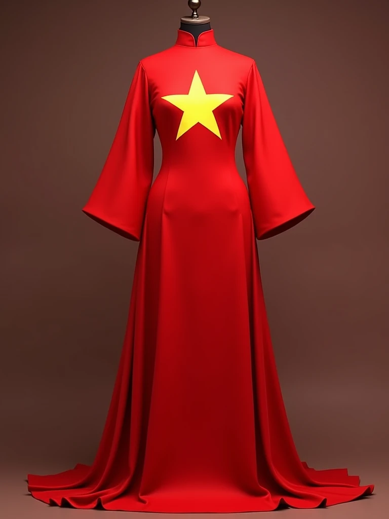 The Ao Dai is designed in the traditional Vietnamese style, hugging the body and honoring grace. The main color of the Ao Dai is bright red, like the color of the Vietnamese flag. On the chest of the Ao Dai is printed the Vietnamese flag with a five-pointed yellow star standing out on a red background. The sleeves and hem of the Ao Dai are graceful, creating a sense of flexibility when moving. The flag motif is delicately placed, expressing love for the homeland and country while maintaining the elegant beauty of the traditional costume.
