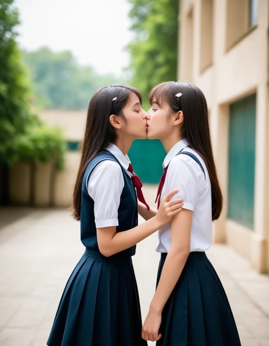 Two Japanese  girls in short sleeves and shorts are kissing with their eyes closed