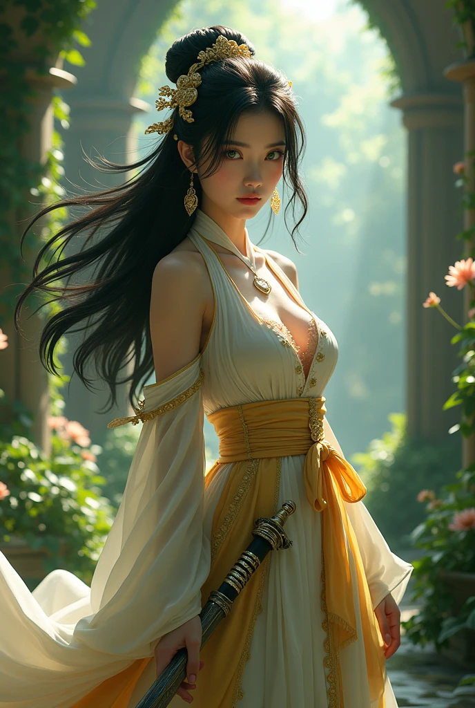 Create a black-haired, green-eyed Korean princess using a sword with a torn dress showing the Korean&#39;s bare breasts with a gold bow around the dress , place a garden inside a house with 10 meter high walls 