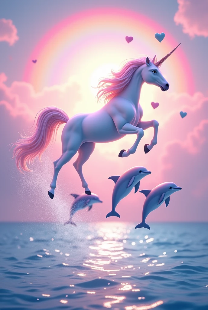 A unicorn jumping in the air but seen from the side and the dolphins are also jumping in the air with the pink sky and the sea and with a rainbow and hearts