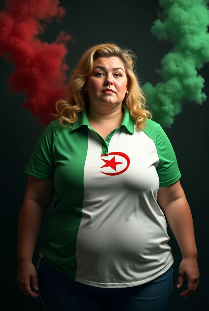A slightly fat veiled woman wearing a white and green block polo shirt with a large Algerian flag pattern, black background with colored smoke, realistic image