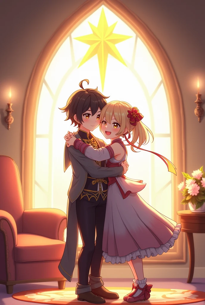 Generate an image with the characters Diluc and Mavuika from Genshin Impact hugging each other smiling at the camera with a room background with a star-shaped window on a sunny day
