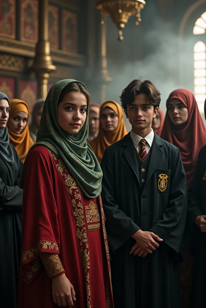 Prompt: A realistic movie scene featuring Harry Potter characters Ron, Hermione, Harry, Draco, and others, with female students wearing Pakistani hijabs and male students in traditional Islamic clothing, highly detailed, cinematic lighting, rich colors, magical atmosphere, inspired by J.K. Rowling's wizarding world, 4k resolution, artstation quality.

Negative prompt: cartoonish, poorly drawn faces, out of frame, low quality, bad anatomy, blurry, unnatural poses, ugly clothing, low contrast.