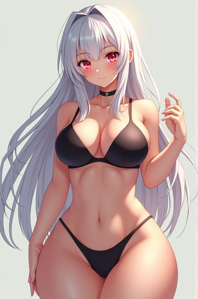 An anime girl with thick thies, white hair, red eyes and big boobs but fit