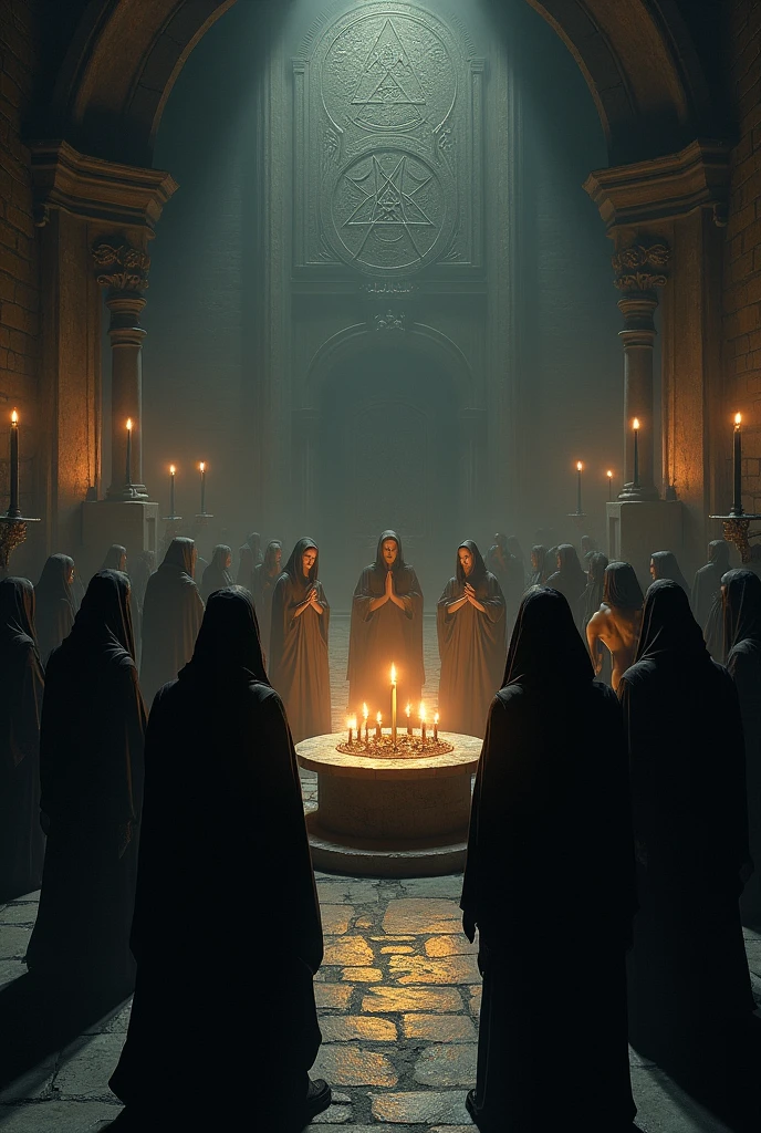 Satanic sect. People in black robes and naked women. Room lit by black candles.