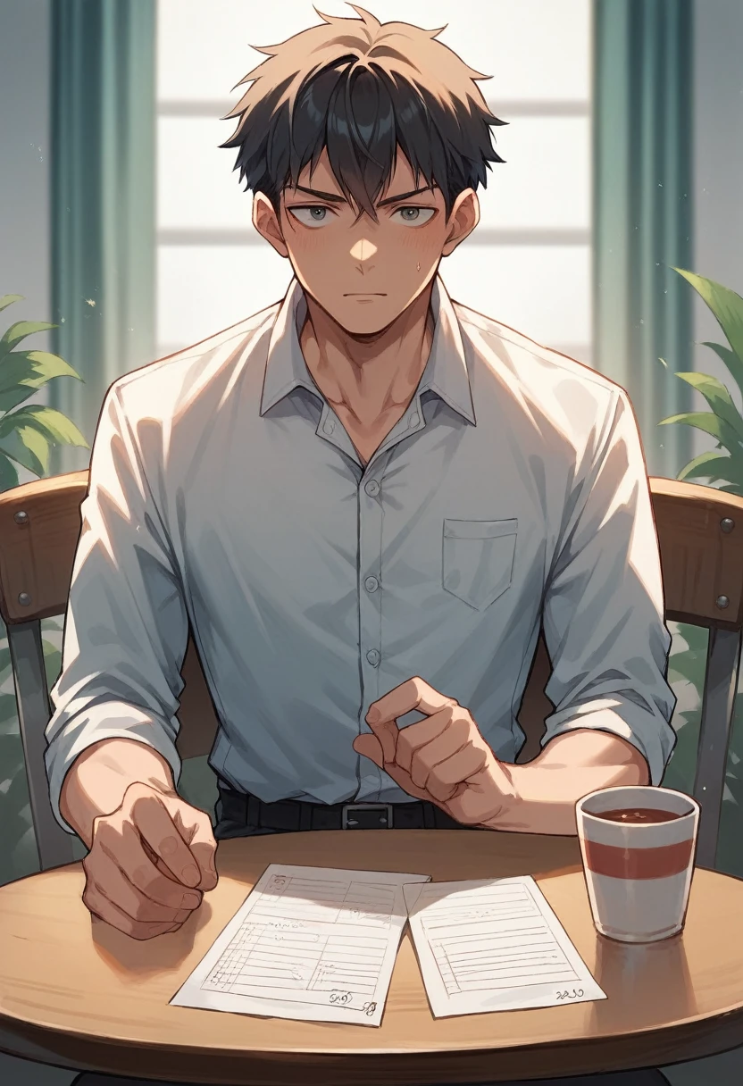 anime, boy, sit, chair, table, front view