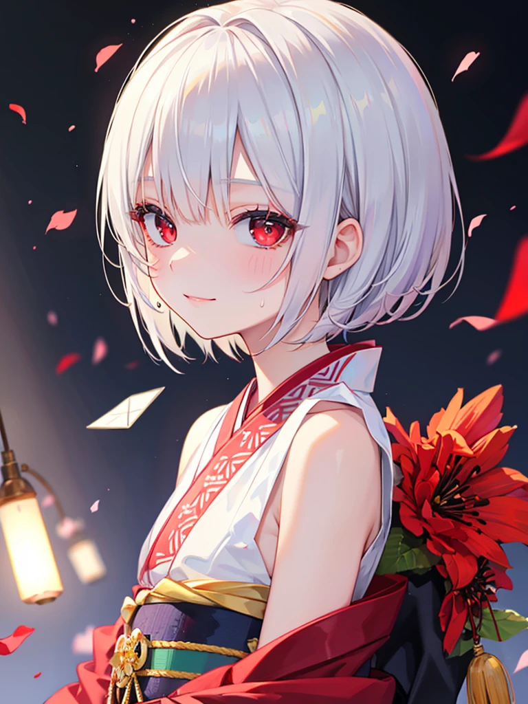 masterpiece, best quality, sweating, close upmasterpiece,best quality,8k wallpaper,1 girl,solo, flat chest, skinny, beautiful embroidery kimono,light smile,pale skin, pale skin shade, intricate white hair,red eyes,squinting eyes,empty eyes,no pupils, eyelashes,red eye liner,bob cut,intricate kanzashi, blunt bangs,Japanese ro, daytime, invitation,dynamic angle, from side, little smile