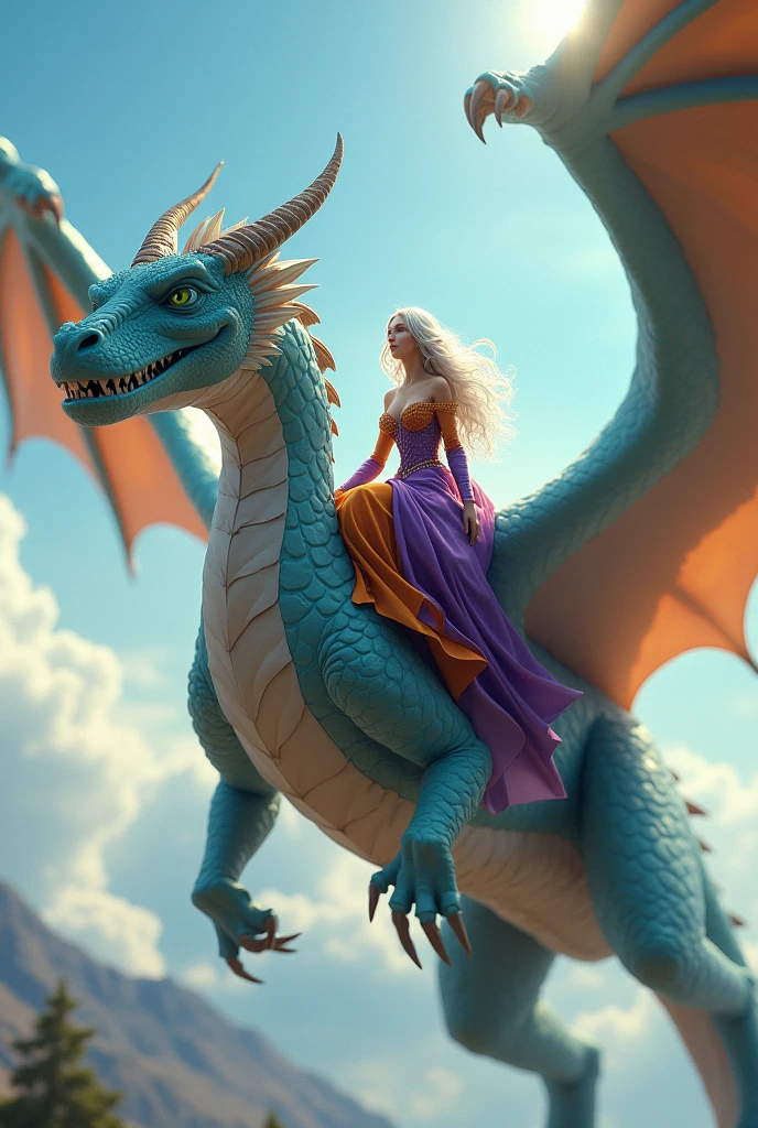 Woman in purple and orange medieval dress. Woman with silvery-white wavy-curly hair and dark violet eyes riding a saddle flying a light blue dragon, huge and fierce dragon in a sunny sky.  70 meter dragon .Dragon with green eyes