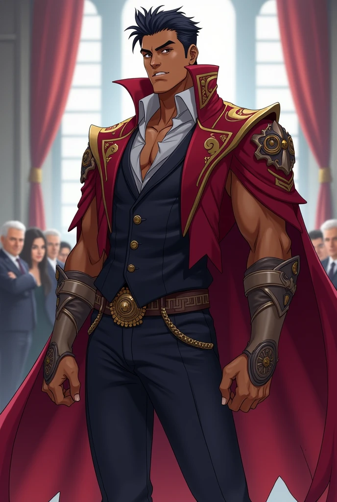 masterpiece, best quality,alhaitham\(genshin impact\), ultra detailed, 1boy, male focus, shirtless, solo, gloves, shirtless pecs, grey hair, gold jewellery , ahoge, black shirt, bangs, hair over one eye, black gloves, indoors, fingerless gloves, black pants, pants, swept bangs, boots, bare shoulders, short hair, elbow gloves,(kbxll:0.6)