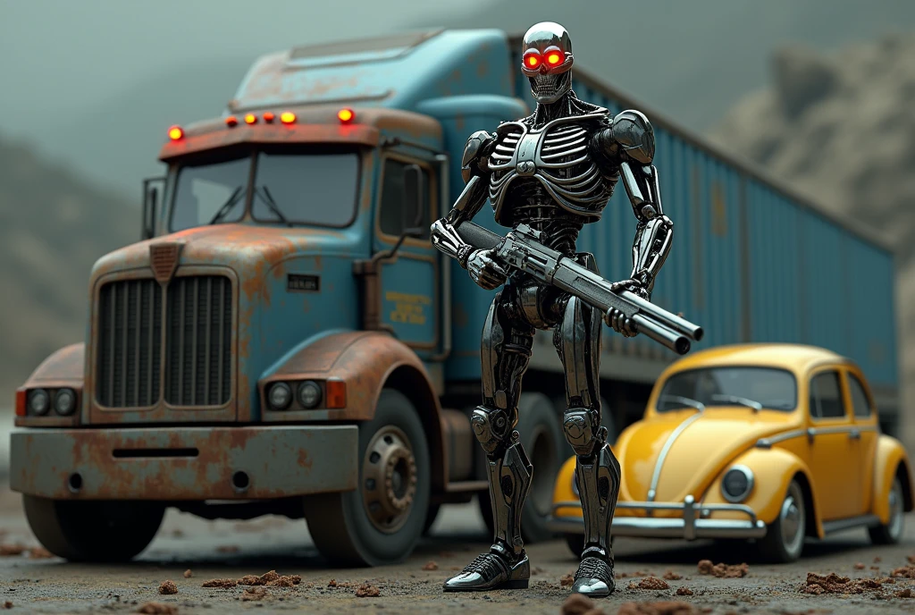 Arnold Schwarzenegger is the Terminator T800, the eyes on the exterminated T800 glow like red led, the T800 holds a 12 gauge shotgun, he is standing next to an old red and blue 1987 Freightliner COE truck, the truck's paint simulates fire stains in blue and red colors, on the other side there is an old yellow Beetle,