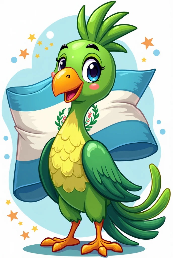 Create a drawing of the super flag of Guatemala and the quetzal, the national bird of Guatemala, that is easy for children