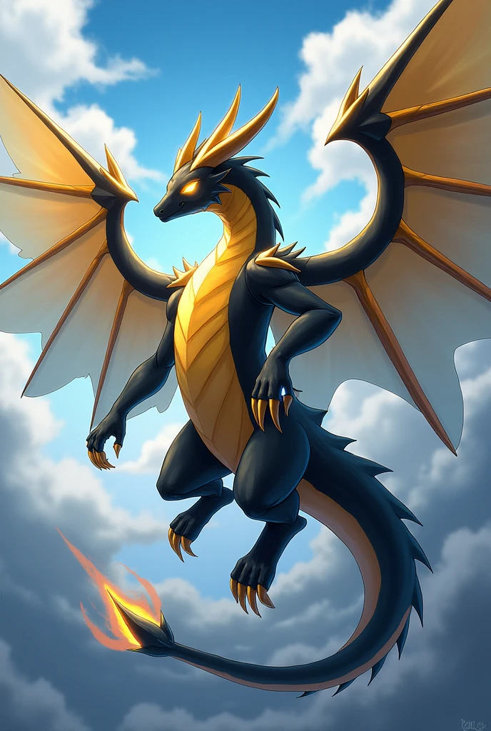 **2. Level:**
**name:** Tempestmon
**Level:** Ultimate (adult)
**Typ:** Sky Digimon
**容姿:** Tempestmon is an orange long black horns eyes to horns black are majestic, storm-like dragon with huge, translucent wings, that look like a sky of light and darkness. Its body is a mixture of bright gold and deep black, which shows a strong connection to Yin and Yang.
**skills:** Tempestmon can influence the atmosphere, create extreme weather conditions and combine both light and darkness energy, to powerful, to unleash elemental attacks.