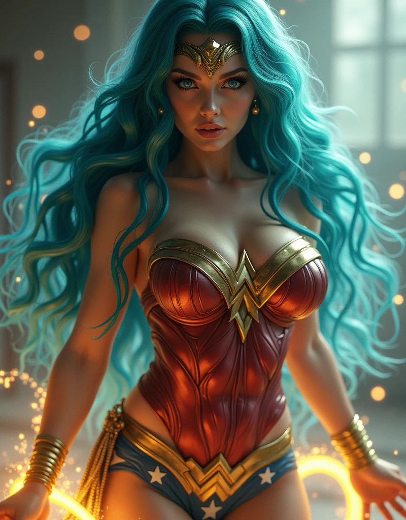8K, ultra detailed body, ultra detailed face, super sexy, goddess of temptation and lust in a sexy gal gadot's wonder woman cosplay, cyan coloured hair, voluptuous, sexy body, huge breasts, juicy lips, mesmerizing blue big yes, gigantic braests, perfect face shape, super detailed sexy body, very fair white sexy girl, ultra large gigantic boobs, very hot chic, fully sexy body image, she is holding golden glowing lasso