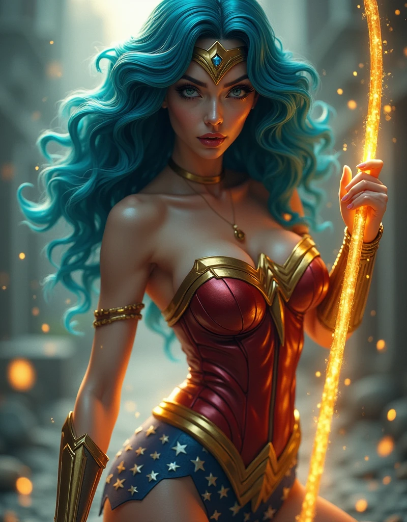 8K, ultra detailed body, ultra detailed face, super sexy, goddess of temptation and lust in a sexy gal gadot's wonder woman cosplay, cyan coloured hair, voluptuous, sexy body, huge breasts, juicy lips, mesmerizing blue big yes, gigantic braests, perfect face shape, super detailed sexy body, very fair white sexy girl, ultra large gigantic boobs, very hot chic, fully sexy body image, she is holding golden glowing lasso