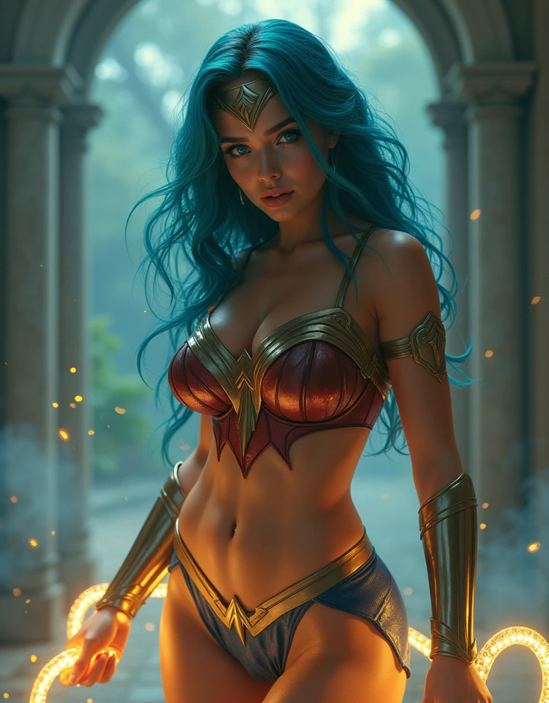 8K, ultra detailed body, ultra detailed face, super sexy, goddess of temptation and lust in a sexy gal gadot's wonder woman cosplay, cyan coloured hair, voluptuous, sexy body, huge breasts, juicy lips, mesmerizing blue big yes, gigantic braests, perfect face shape, super detailed sexy body, very fair white sexy girl, ultra large gigantic boobs, very hot chic, fully sexy body image, she is holding golden glowing lasso
