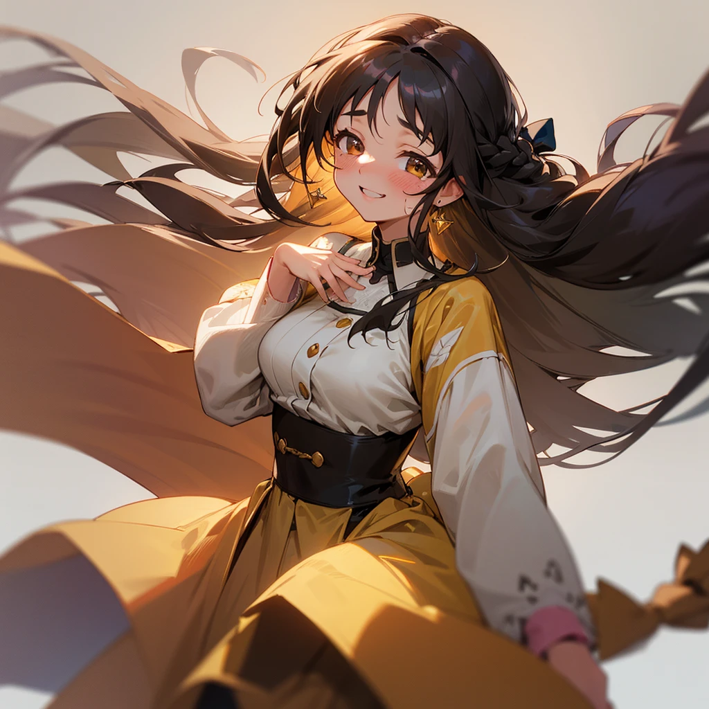 Alone, Long hair, High resolution, breasts, looking at the viewer, smile, blush, Brown eyes,Hair bow, tears, High resolution, necessary, details altos, detail, high quality, Long hair, black hair, braid, breasts, earrings, blush, smile, tears, smile, laughing, simple background, foreground, cheered up, Digital art,