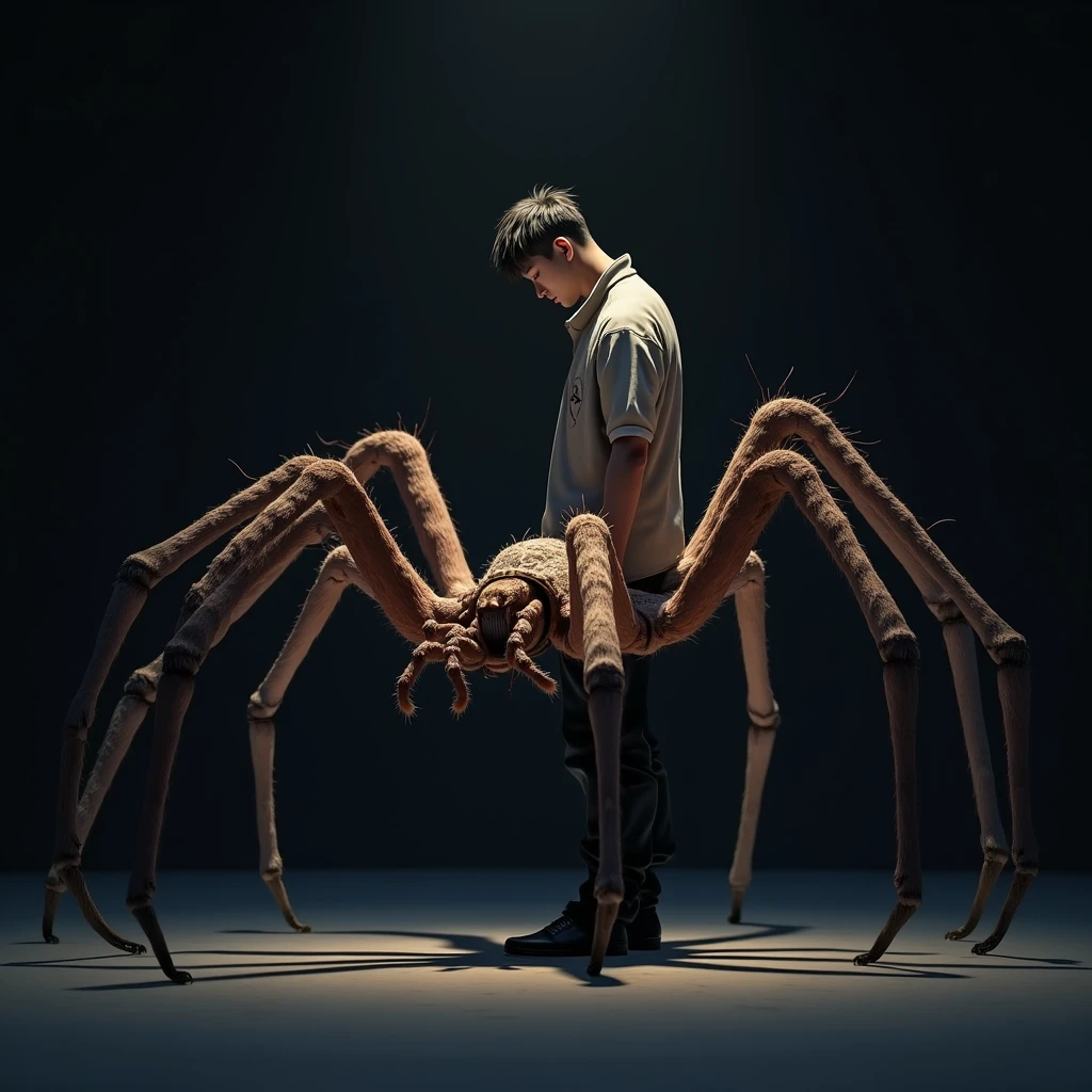 There is a shadow、3d、Side view、Digital Art、A huntsman spider is getting along well with a man、Realistic Anime