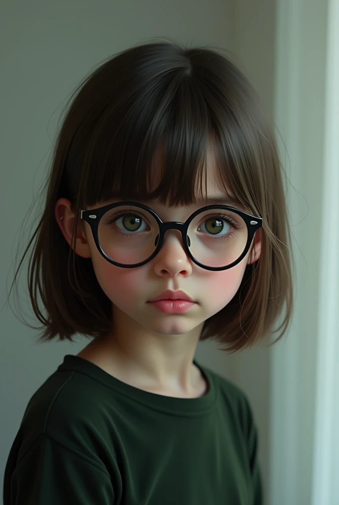 Create an image of a human with dark glasses and straight brown hair and green eyes