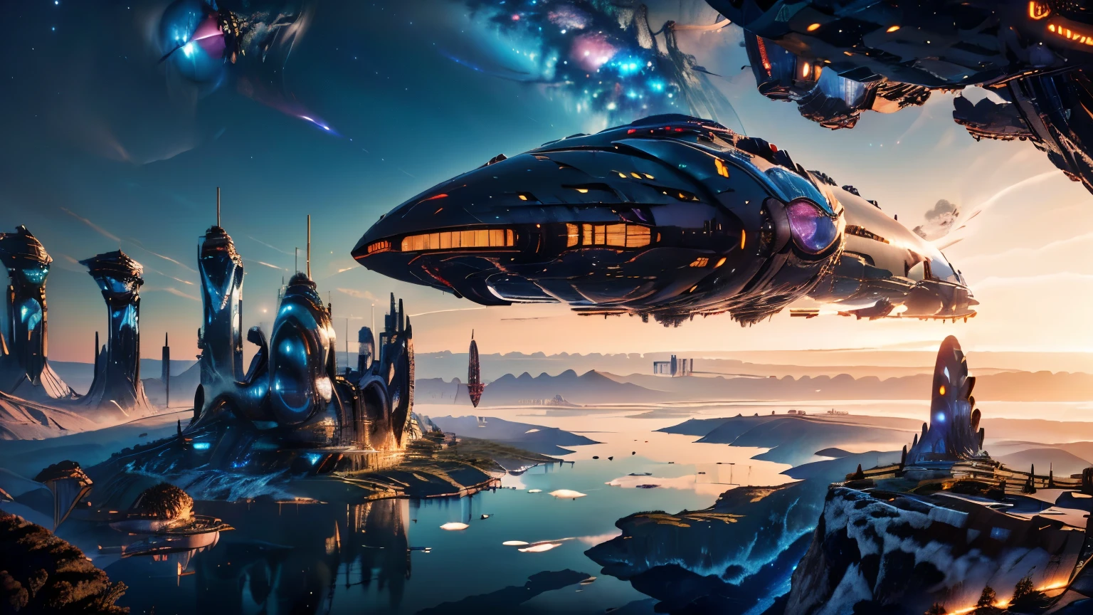 Super spaceship shaped like a ship hovering over a large lake, ultra detalhada, city in the distance, a nebula lighting up the sky, sci-fi, 