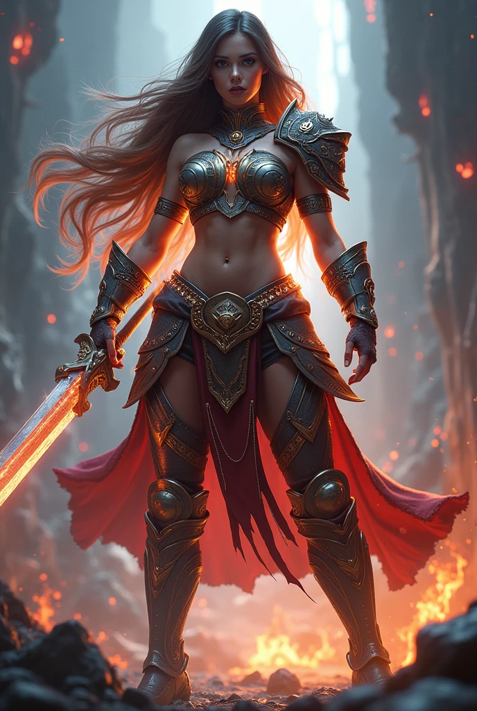 A powerful, big body muscular:1.8 female warrior in a dynamic battle pose, long flowing hair, fierce expression, intricate armor with glowing runes, dramatic lighting, cinematic camera angle, epic fantasy, vibrant colors, dramatic lighting, digital art, concept art style