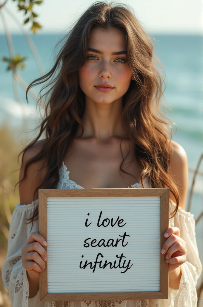 Beautiful girl with wavy long hair, bohemian dress, holding a white board with text "I Love Seaart Infinity" and showing it to the viewer