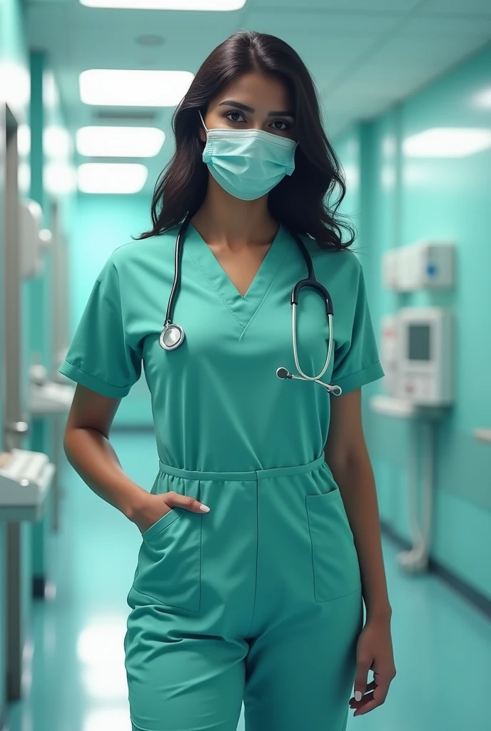 6 feet tall big breasted  Brest beautiful Indian girl as sexy nurse full realistic 4k picture  wear a mask gynec hospital background without bokey effect 