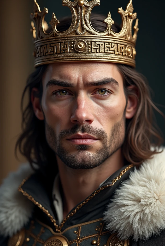 Nordic man with medium brown hair, of clear eyes, with a royal crown 