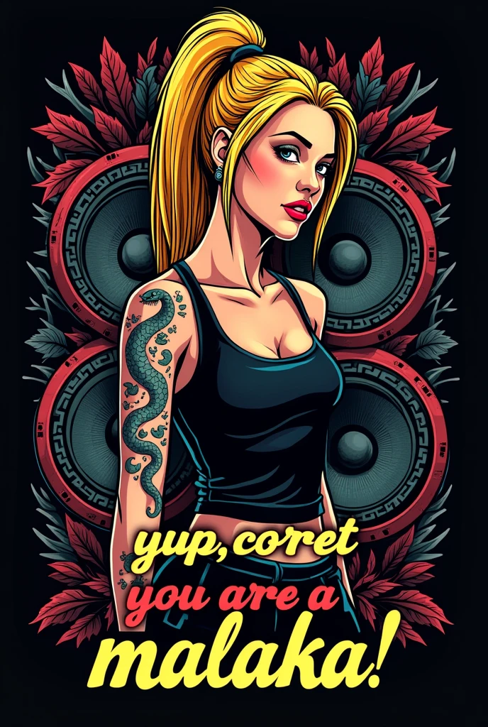 A vector t-shirt design with a black background. In the left side of the image, there's a yellow-haired girl with a viper snake tattoo on her arm. She is looking towards the right side of the image. There are two speakers behind her head wrapped in Greek keys. The text "Yup, correct You Are A MALAKA!" is written in the bottom right corner. Each letter in the text is shown in a different color.