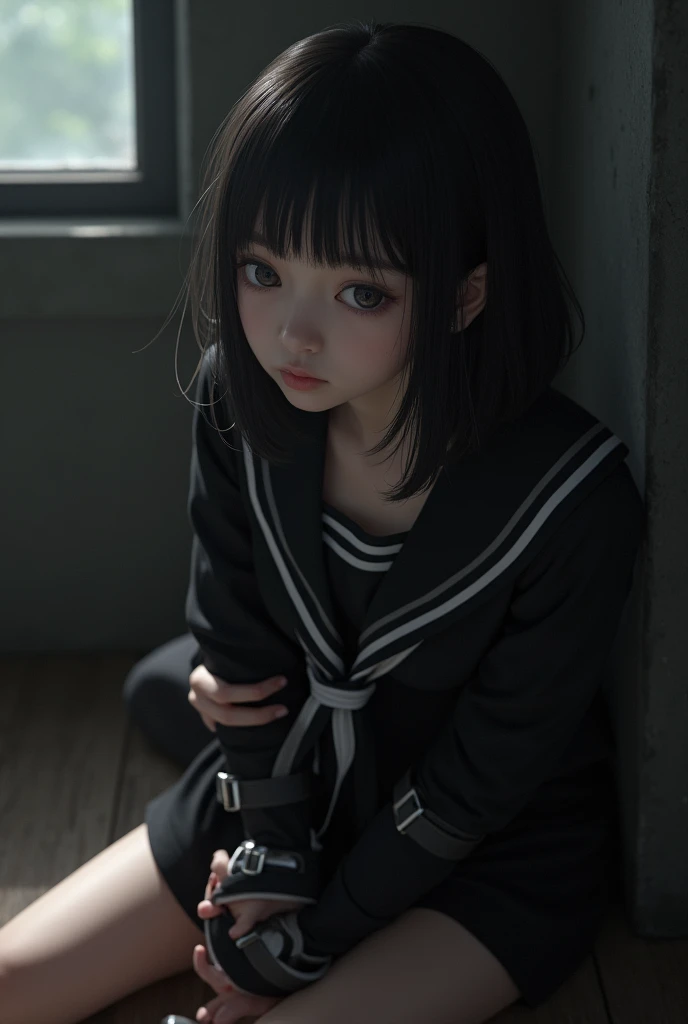 Bondage school girl in black uniform submissive, medium hair