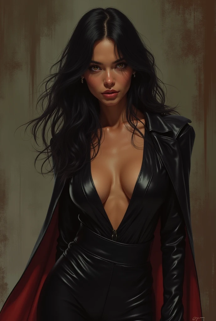I want to make an image of a character from my book. It&#39;s a woman, caramel skin. eyes browns. strong thighs. Bullish. Mysterious look. He is 2. Hair just below the shoulder, blackw. she's a vampire. There must be elements that remind us of this.. I want her to wear elegant clothes. Face just a little round. she must be beautiful 
