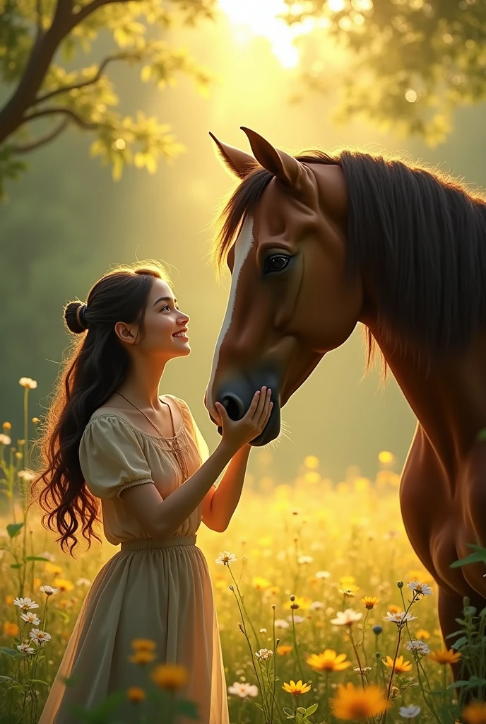 Yellow sunlight filtering through the trees、Glowing effect、Petals flutter、Realistic、Photo、Animal, Horse、Higuma、Friendship between horse and woman、Bring your face closer、Animal、Wild horse, a girl growing up in the forest, a big smile, see here、Flower field