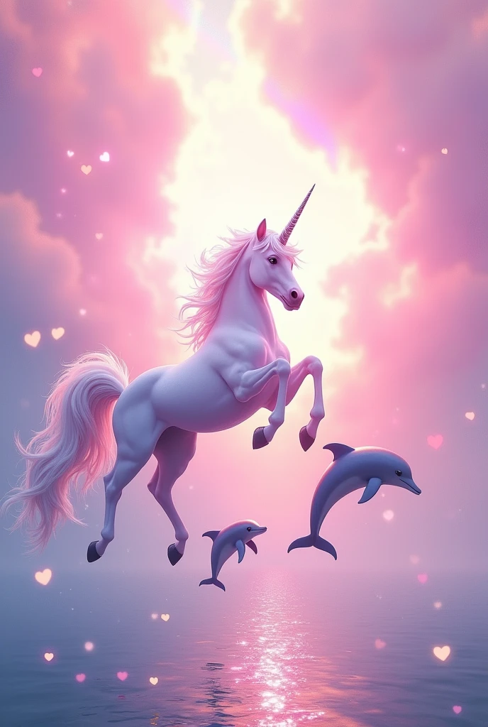 A unicorn jumping in the air but seen from the side and the dolphins are also jumping in the air with the pink sky and the sea and with a rainbow and hearts