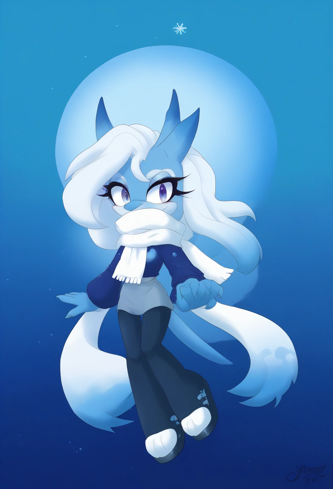 (1girl), (solo), Female Dragon, long white hair, tundra like color palette, white scarf, winter-like clothing, dark leggings, dragon wings, eyelashes, daytime, mobian, mobius city
