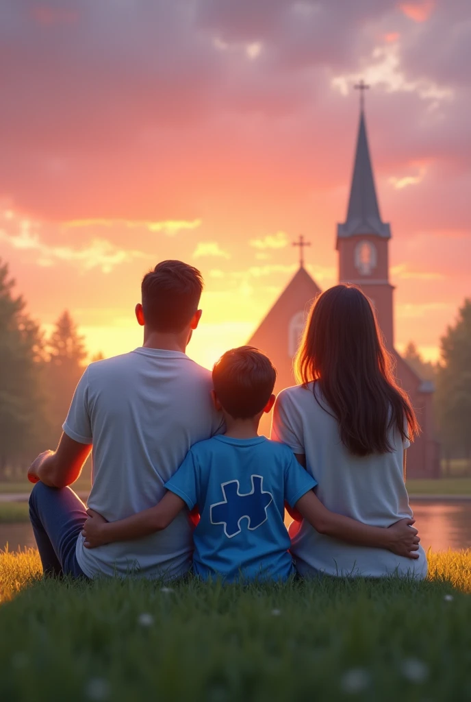 create an image with a family SITTING BACK TO BACK with a child wearing a blue Autism Symbol T-shirt, sitting on a lawn with the pink sunset in the background, next to the family a church in the background