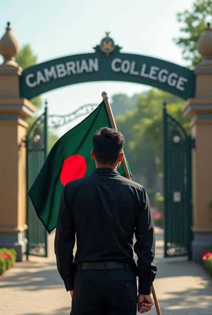 I am a boys student of cambrian school and College. I see my College gate.College name shown the college gate. College name cambrian College. I wear black shirt full sleve. My hand a Bangladeshi flag